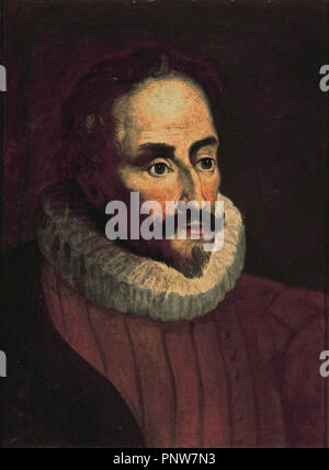 Miguel de Cervantes (1547-1616), drammaturgo e romanziere. Miguel de Cervantes Saavedra (1547-1616), dramaturgo y novelista. Olio su tela. Madrid, Language Academy. Autore: ARCO ALONSO DEL. Posizione: Academia de la Lengua-COLECCION. MADRID. Spagna. Foto Stock