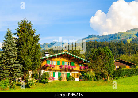 In legno tipico casa alpina contro Alpi montagne sullo sfondo verde prato in Kirchberg in Tirol villaggio sulla soleggiata giornata estiva, Austria Foto Stock