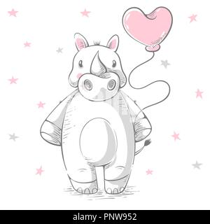 Carino e divertente personaggio di Rhino. Cartoon illustrazione per T-shirt stampa. Illustrazione Vettoriale