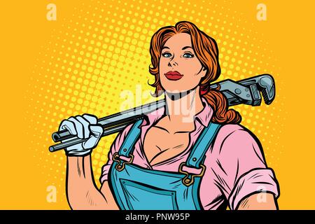 Una donna forte idraulico meccanico lavoratore con una chiave regolabile. La Pop art retrò illustrazione vettoriale kitsch vintage Illustrazione Vettoriale