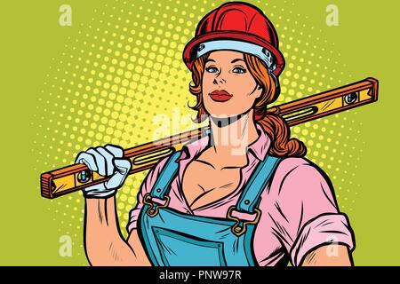 La Pop art donna Builder con livello, retrò illustrazione vettoriale kitsch vintage Illustrazione Vettoriale