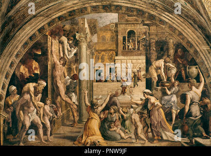 Incendio di Borgo, dal 'Stanza dell'incendio" (sala del fuoco) - ca. 1514/17 - 495x728 cm - Affresco. Autore: Raffaello. Posizione: MUSEOS VATICANOS-ESTANCIA DEL INCENDIO. Foto Stock