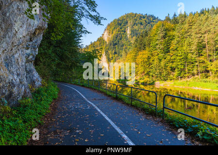 Pista ciclabile lungo il fiume Dunajec nel paesaggio autunnale di Pieniny Mountains, Polonia Foto Stock