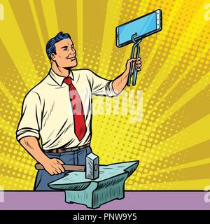 Imprenditore fabbro forges smartphone su incudine. Gadget e tecnologie. La Pop art illustrazione retrò vintage kitsch disegno Illustrazione Vettoriale