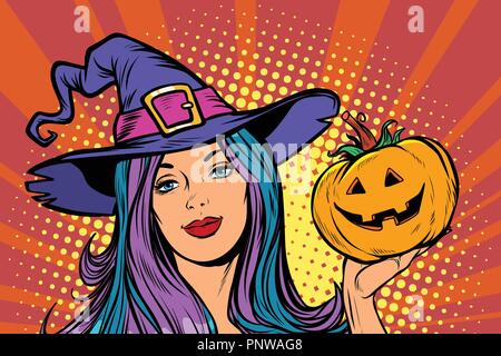 Happy Halloween strega con la zucca. La Pop art retrò illustrazione vettoriale kitsch vintage Illustrazione Vettoriale