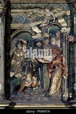 ABRAZO EN LA PUERTA DORADA - DETALLE DEL RETABLO DE LA ANTIGUA O RETABLO MAYOR DE LA CATEDRAL DE VALLADOLID - SIGLO XVI. Autore: JUNI, JUAN DE. Posizione: Catedral. A Valladolid. Spagna. Foto Stock