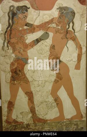 Arte minoica La Grecia. Xvi secolo A.C. Affresco del pugilato kids. Lotta tra due ragazzi dotato di guanti e una cinghia. Dipinto di stucco. Sala B1 da Akrotiri (Thera). (1550-1500 a.C.). Museo Archeologico Nazionale. Atene. La Grecia. Foto Stock