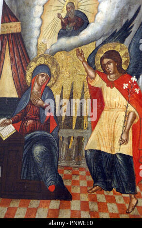 Xvi secolo icona raffigurante l'Annunciazione. Scuola Italo-Cretan. Monastero Francescano museo. Dubrovnik. La Croazia. Foto Stock