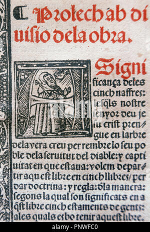 LITERATURA catalana. SIGLOS XIII-XIV. Lullo, Ramon (Palma de Mallorca, 1233/35-Bujía, 1315/16). Filósofo, místico y literato mallorquín 'BLANQUERNA'. Novela utópica, escrita entre los años 1283 y 1285. INICIO DE LA OBRA Y LETRA capitolare del Prologo. Edición impresa en Valencia por Joan Joffre en 1521. Biblioteca de Catalunya. Barcellona. Cataluña. Foto Stock