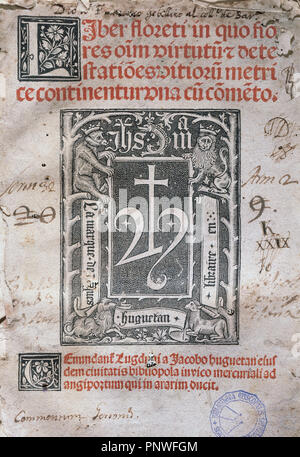 Bernardo di Chiaravalle (1090-1153). Scrittore e filosofo. Liber florenti: in quo flores omnium virtutum et vitiorum destetationes metrice continentur. Titolo copertina. Leiden, 1509. Foto Stock