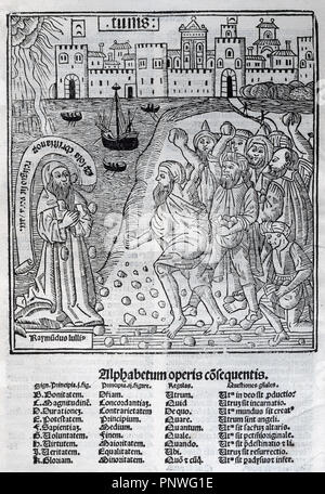 LITERATURA catalana. SIGLOS XIII-XIV. Lullo, Ramon (Palma de Mallorca, 1233 ó 1235Bujía, 1315 ó 1316). Filósofo, místico y literato mallorquín. Grabado de la "LAPIDACION de Ramon Llull'. "Raymudus lullis. Alphabetum operis cosequentis' Edición impresa en Valencia por D. de Gumiel en el año 1515. Foto Stock