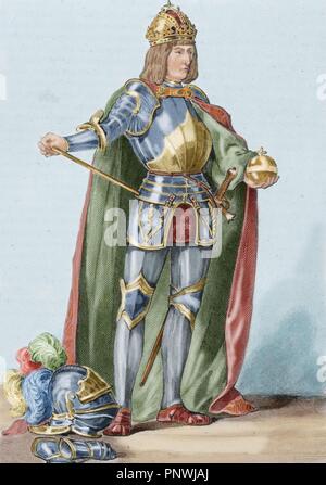 Massimiliano I (1459-1519). Re dei Romani (anche noto come il Re dei Tedeschi) dal 1486 e Sacro Romano Imperatore da 1493 fino alla sua morte. Incisione colorata. Foto Stock