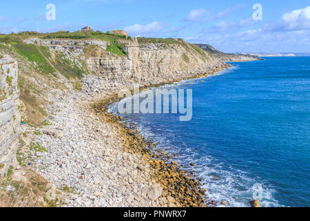 Isola di Portland in cima alla scogliera opinioni sul sentiero costiero, vicino a Weymouth Dorset, England, Regno Unito Foto Stock