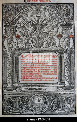 LITERATURA CATALANA SIGLOS XIII Y XIV. Lullo, Ramon (Palma de Mallorca, 1233/35-Bujía, 1315/16). Filósofo, místico y literato mallorquín 'LLIBRE D'EVAST E BLANQUERNA'. Portada de la edición impresa en Valencia, 1521. Esta obra fue escrita en Montpeller en el 1283. Forma parte de esta novela "Llibre d'Amic e Amat'. Biblioteca Bartomeu marzo. Palma de Mallorca. Foto Stock