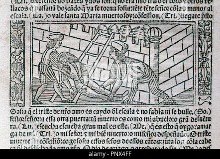 La Celestina o Tragicommedia di Calisto e Melibea (1499). Da Fernando de Rojas (ca.1465-1541). Incisione raffigurante una scena del lavoro. Edizione stampata in Burgos, Spagna, 1531. Biblioteca di Catalogna. Barcellona. La Catalogna. Spagna. Foto Stock