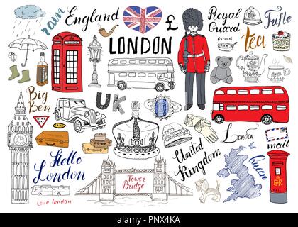 London city scarabocchi raccolta di elementi. Disegnata a mano con set, Tower Bridge, corona, Big Ben, royal guard, bus rosso e cabina, Regno Unito mappa e bandiera, teiera, le Illustrazione Vettoriale