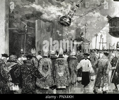 Processione in Cattedrale il 25 luglio 1885. Santiago de Compostela. La Galizia. Spagna. Incisione 1885. Foto Stock