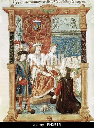 Pedro Marcuello offre il suo 'Cancionero' a Filippo I di Castiglia (1478-1506), noto come Filippo il Bello e di Giovanna di Castiglia (1479-1555), noto come Giovanna la Pazza nel 1502. Il libro è stato composto probabilmente in quattro fasi, tra il 1482 e il 1502. Miniatura. Foto Stock