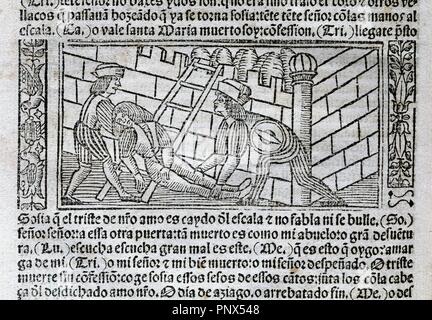 Fernando de Rojas (1465-1541). Lo scrittore spagnolo. Tragicommedia di Calisto e Melibea o La Celestina. Incisione. Burgos, 1531. Foto Stock