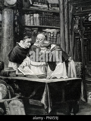 I monaci la lettura di una copia della Bibbia di Gutenberg. Incisione di O. Roth in "l'Spagnolo e illustrazione americana" (1886). Foto Stock