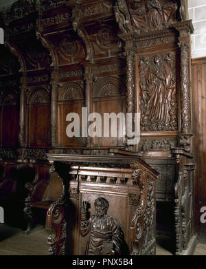 Arte rinascimentale. Il XVI secolo. Spagna. Cattedrale di Barbastro. Coro in legno di rovere da Geroge Comon e John Jubero. In primo luogo, un rilievo raffigurante San Pietro. A Barbastro. Aragona. Foto Stock