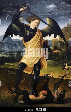 L'arcangelo Michele con il drago, c.1500. Ignota. Autore spagnolo. Museo Nazionale di Arte. Copenhagen. La Danimarca. Foto Stock