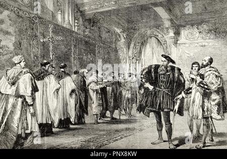 Il Cardinale Wolsey e il duca di Buckingham. L'incisione nell'universo illustrato, 1863. Foto Stock