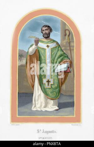 Sant'Agostino (354-430). Vescovo africano, dottore e padre della chiesa. Incisione colorata. Foto Stock