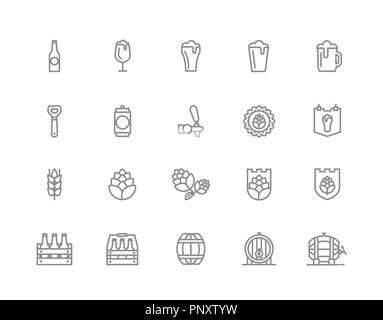 Set di birra e bar, pub le icone della linea. Alcol, bottiglia, mug, orzo, luppolo, canna, ale, schiuma, barile, becher, jar e altro ancora. Corsa modificabile. Foto Stock