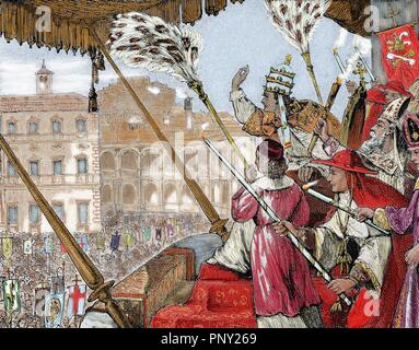 Leone X (1475-1521). Papa fiorentino (1513-21), che prende il nome di Giovanni de'Medici. Figlio di Lorenzo de' Medici il magnifico. Papa Leone X promulga una bolla papale. Stati Pontifici. Incisione colorata di "La rivoluzione religiosa" (1880). Foto Stock