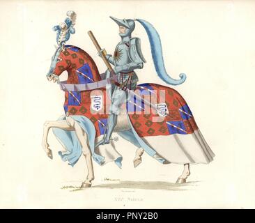 Pierre, Vicomte de Rohan (1451-1513), Seigneur de Gie, Marechal de France. Da un arazzo. In tuta piena di armor, lungo pennacchio blu, montato su un cavallo piumati con colori araldici.. Illustrazione Handcolored da E. Lechevallier-Chevignard, litografata da A. Didier, L. Flameng, F. Laguillermie, da Georges Duplessis 'costumi historiques des XVIe, XVIIe et XVIIIe siecles' (costumi storici del XVI, XVII e XVIII secolo), Parigi 1867. Il libro è stata una continuazione della serie sui costumi dei secoli XII-XV pubblicato da Camille Bonnard e Paolo Mercuri dal 1830. Georges Foto Stock