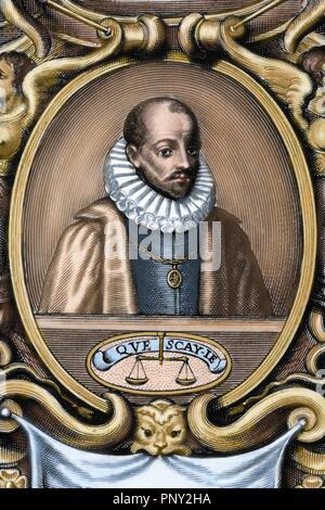 Michel Eyquem de Montaigne (1533-1592). Scrittore del Rinascimento francese. Ritratto. Incisione colorata. Foto Stock