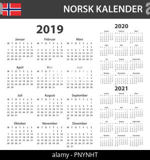Calendario norvegese per il 2019, 2020 e 2021. Scheduler, agenda diario o modello. La settimana inizia il lunedì Illustrazione Vettoriale