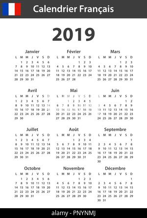 Calendario francese per il 2019. Scheduler, agenda diario o modello. La settimana inizia il lunedì Illustrazione Vettoriale
