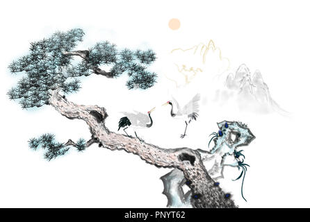 Pino e la gru bianca pittura decorativa Foto Stock