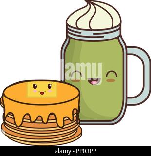 Kawaii pancake e frullato su sfondo bianco, illustrazione vettoriale Illustrazione Vettoriale