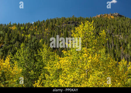 Vista di Lumpy Ridge dalla mucca Creek Trail nel Parco Nazionale delle Montagne Rocciose, Estes Park, Colorado. Foto Stock