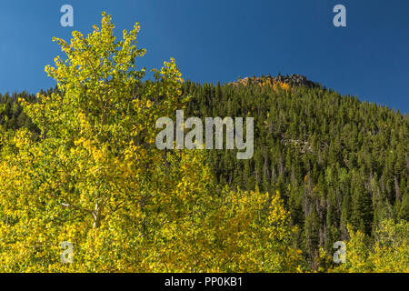 Vista di Lumpy Ridge dalla mucca Creek Trail nel Parco Nazionale delle Montagne Rocciose, Estes Park, Colorado. Foto Stock