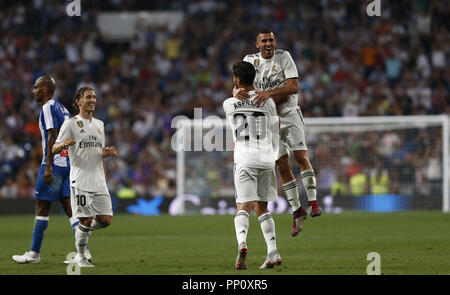 Madrid, Spagna. Il 22 settembre, 2018. Marco Asensio (Real Madrid) celebra dopo un goal durante la Liga match tra il Real Madrid e il RCD Espanyol a Estadio Santiago Bernabéu di Madrid.punteggio finale Credito: Manu Reino/SOPA Immagini/ZUMA filo/Alamy Live News Foto Stock