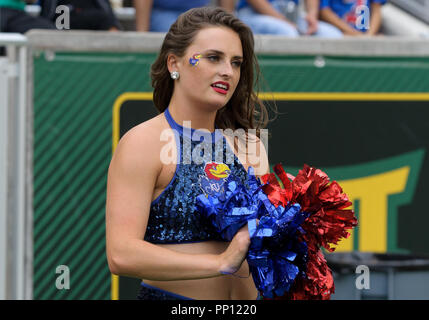 Waco, Texas, Stati Uniti d'America. Il 22 settembre, 2018. Kansas Jayhawks cheerleader durante la seconda metà del NCAA Football gioco tra il Kansas Jayhawks e il Baylor porta a McLane Stadium di Waco, Texas. Matthew Lynch/CSM/Alamy Live News Credito: Cal Sport Media/Alamy Live News Foto Stock