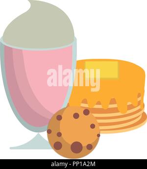 Kawaii pancake con frullato su sfondo bianco, illustrazione vettoriale Illustrazione Vettoriale
