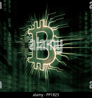 Bitcoin ₿ cryptocurrency, digitale decentralizzato il simbolo di valuta, illustrazione concettuale di un logo bitcoin collegato ad una rete blockchain matri di bit Foto Stock