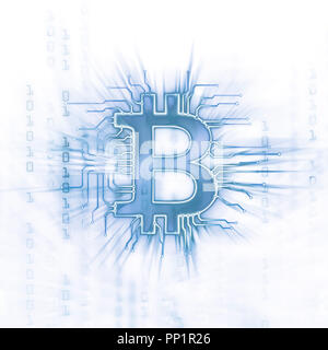 Bitcoin ₿ cryptocurrency, digitale decentralizzato il simbolo di valuta illustrazione concettuale, logo bitcoin collegato ad una rete blockchain. Blu su bianco Foto Stock