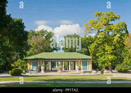 Un alto albero di catalpa fiancheggia il Pool Pavilion a San Louis Tower Grove Park con tappate le nuvole nel cielo blu in background. Foto Stock