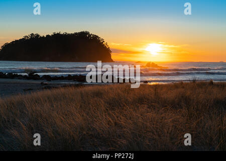 Golden sunrise su Mount Maunganui beach scontornamento Motuotau, Isola dei Conigli Isola Foto Stock