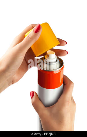 Alluminio spray può con tappo di plastica sulla mano con backgroun bianco Foto Stock