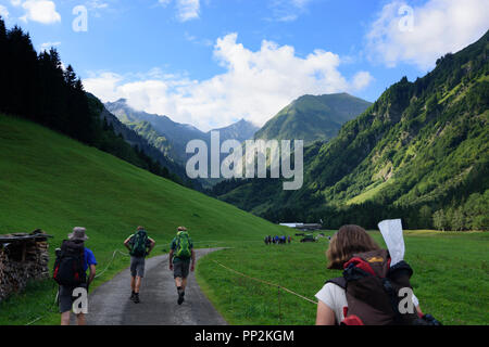 Allgäuer Alpen (Allgäu alpi): escursionista a valle Trettach vicino a Spielmannsau, Schwaben, Algovia, Svevia, Baviera, Baviera, Germania Foto Stock