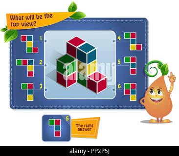 Gioco educativo per i bambini, puzzle. sviluppo del pensiero spaziale nei bambini (adatta sia per bambini che per adulti). Gioco di attività quale sarà la parte superiore vi Illustrazione Vettoriale