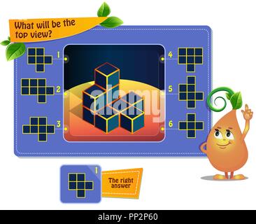 Gioco educativo per i bambini, puzzle. sviluppo del pensiero spaziale nei bambini (adatta sia per bambini che per adulti). Gioco di attività quale sarà la parte superiore vi Illustrazione Vettoriale