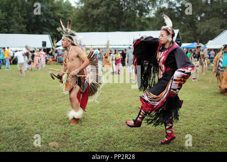 Native American artisti interpreti o esecutori in costumi tradizionali balli presso l annuale tribù indiana Fall Festival e Pow Wow, Virginia, Stati Uniti d'America Foto Stock